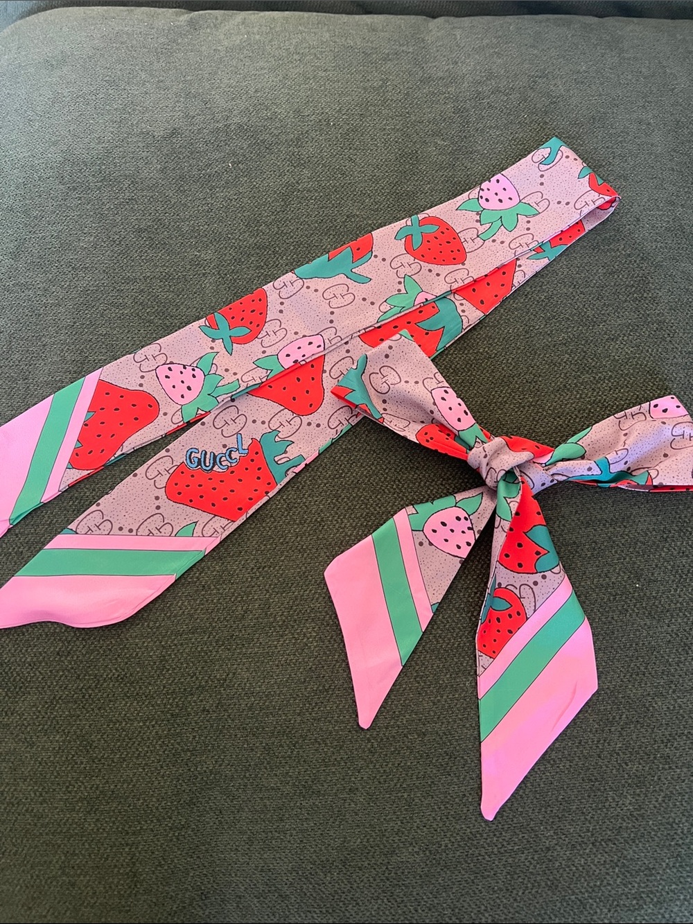Gucci Pink Strawberry Print Silk Hair Scarf with Green Accents